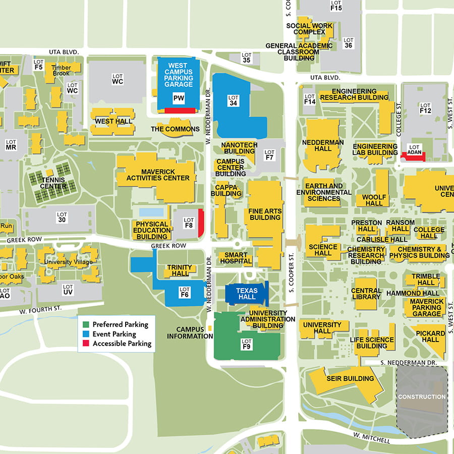 map of Texas hall and parking on campus