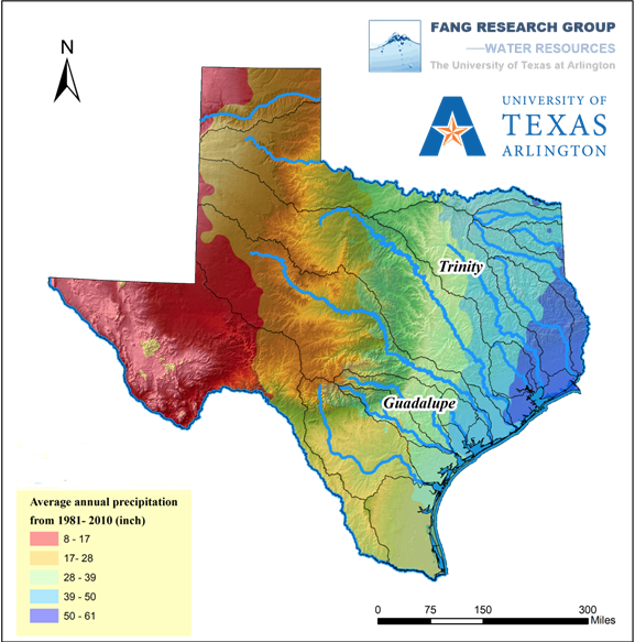 UTA map showing annual precipitation rates in Texas