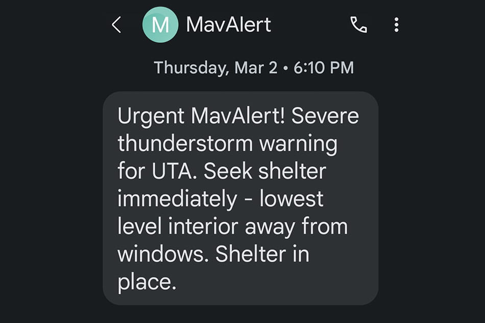 Mav Alert Text message of severe thunderstorm warning