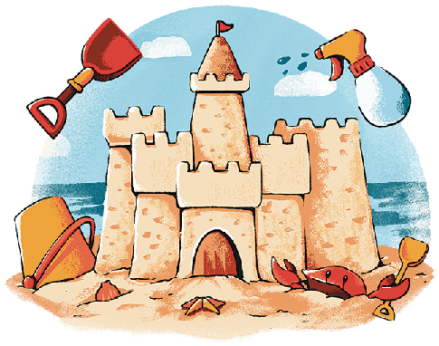 A beach scene with a sandcastle being built by a character, with the ocean and sky in the background.