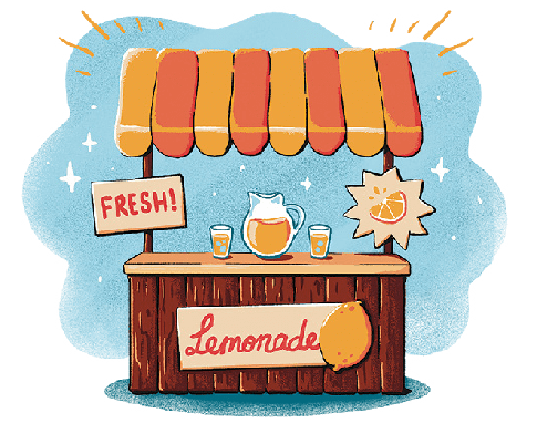 A vibrant lemonade stand scene with a character serving lemonade, set against a sunny outdoor backdrop.