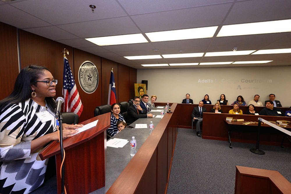 Amber White, director of the Pre-Law Center, at the ribbon-cutting for the new Adelfa B. Callejo Courtroom at UTA.