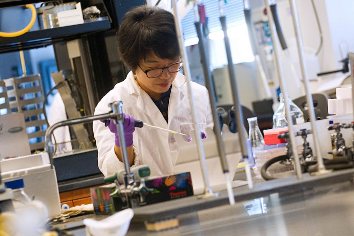 A student wearing purple gloves performs a task in a scientific laboratory.