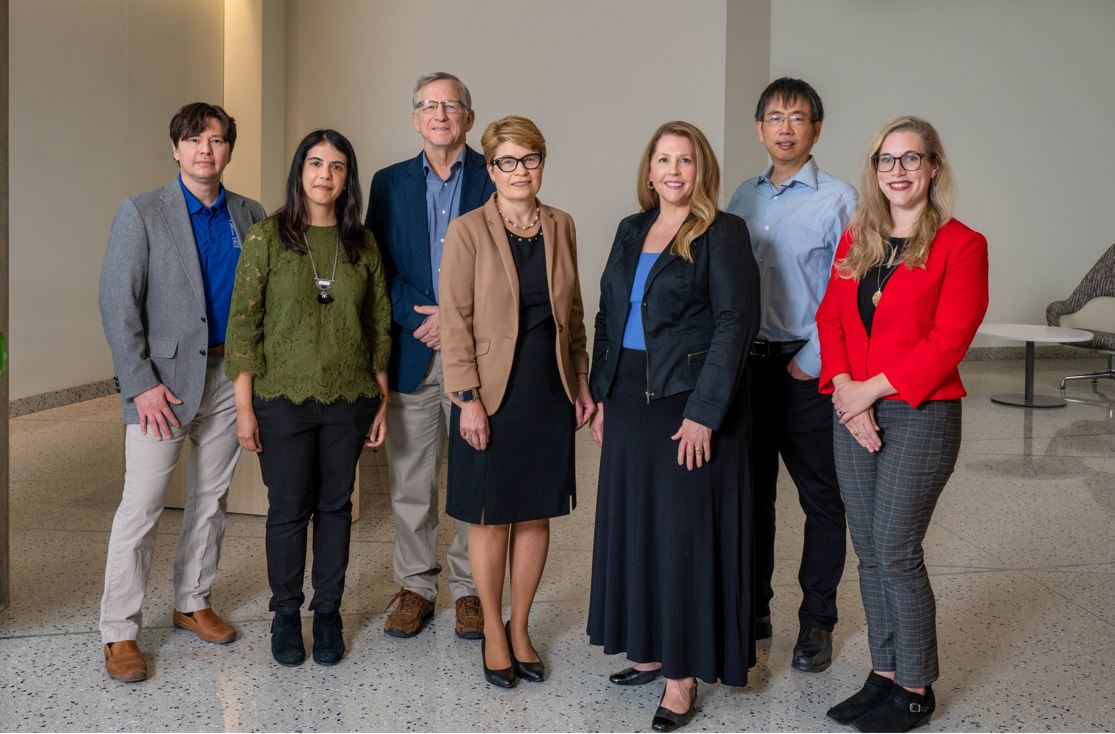 From left, Julian Rodriguez, Karishma Chatterjee, Thomas Christie, Gabriela Wilson, Charla Markham Shaw, Chyng-Yang Jang and Grace Brannon" _languageinserted="true