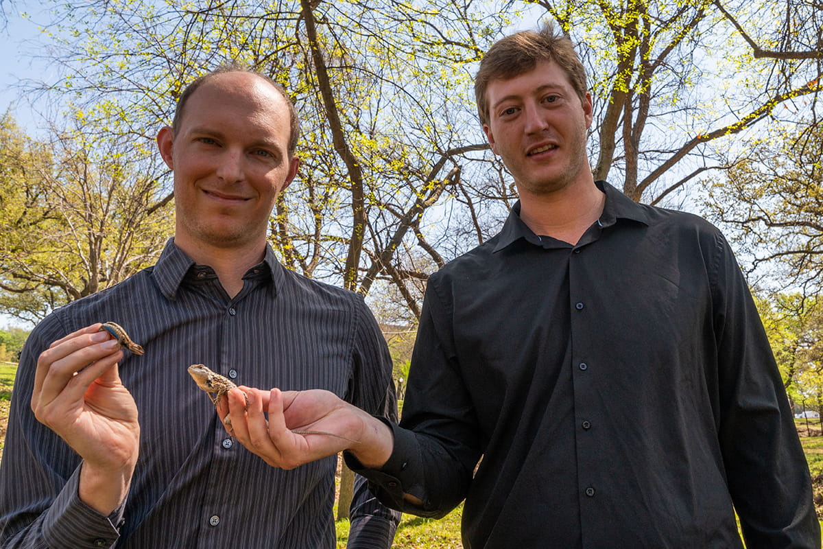 Luke Frishkoff (left) with a prairie lizard and Alexander Murray with a Texas spiny lizard