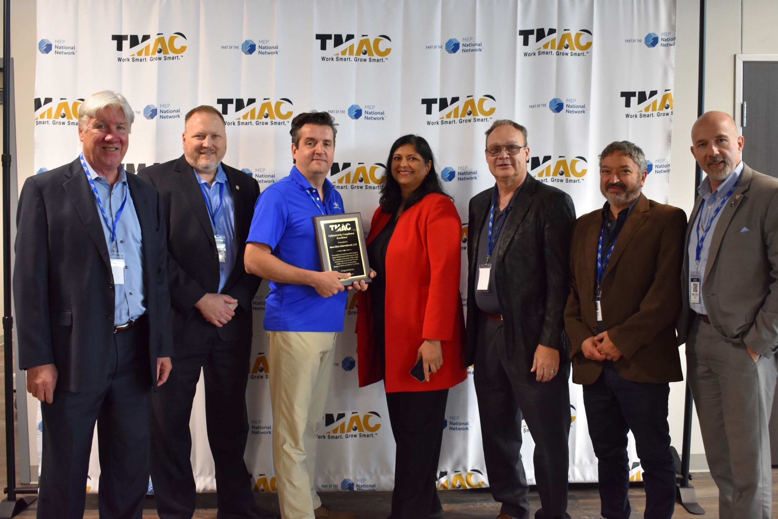 From left, Drew Snow, Les Terrell, Zbigniew Kaniewski, Pravina Raghavan, Retired Col. Darold Tippey, Ghassan Khatib and Regan Edens