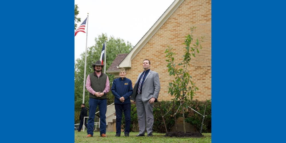 Dalton Owens, Clifford Stump and James Kumm pose next to tree planted in honor of Veterans Day