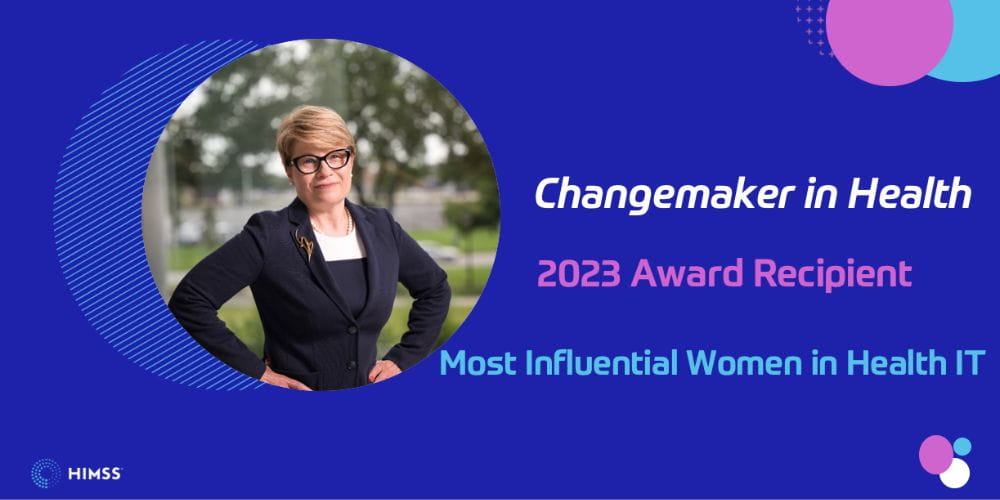 Photo of Gabriela Wilson with words: "Changemaker in Health, 2023 Award Recipient, Most Influential Women in Health IT""    _languageinserted="true