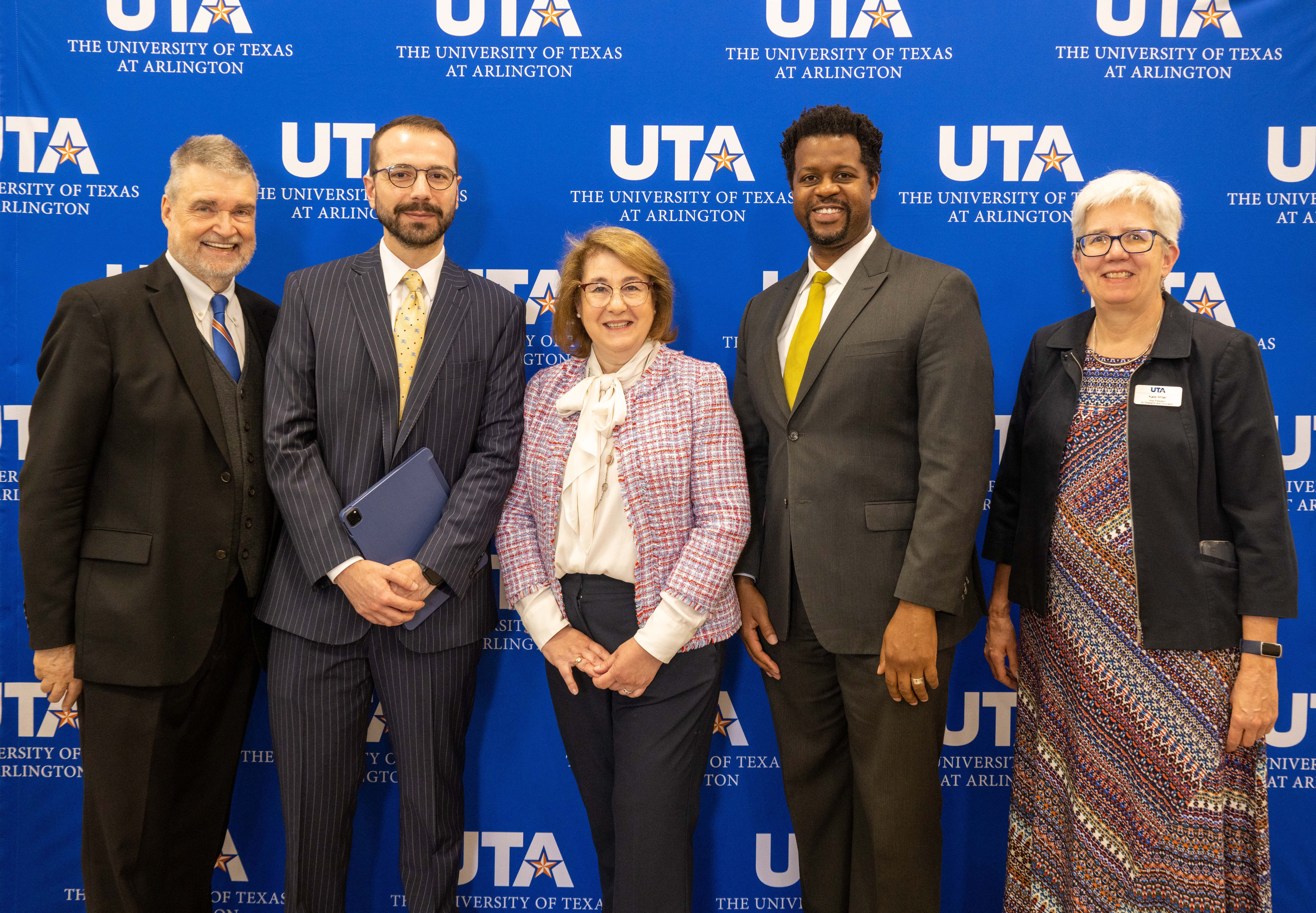 From left are UTA Engineering Dean Peter Crouch, Panagiotis Danoglidis, UTA assistant professor of civil engineering; Maria Konsta-Gdoutos, civil engineering professor and director for the Center for Durable and Resilient Transportation Infrastructure; Robert Hampshire, U.S. Department of Transportation deputy assistant secretary for research and technology; and Kate Miller, UTA vice president for research and innovation