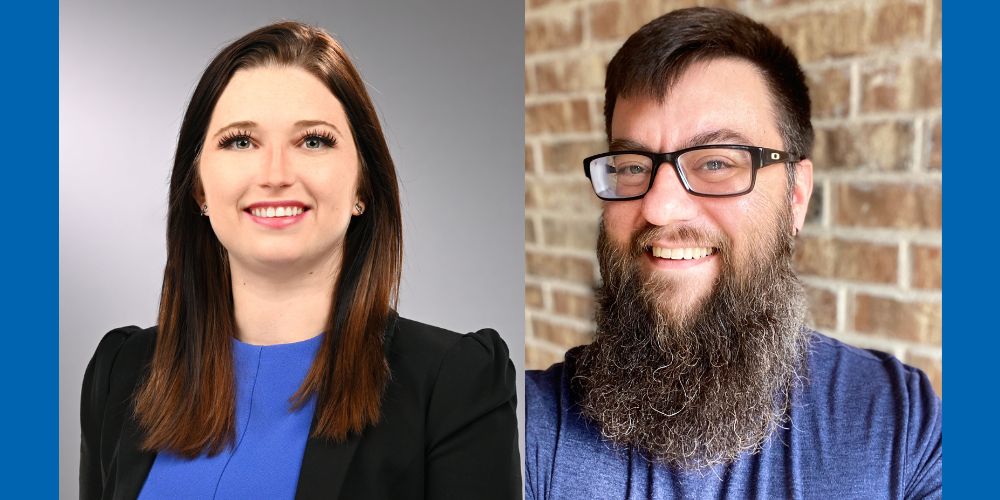 Headshots of Aspen Drude, manager of the Center for Rural Health and Nursing and Timothy Ponce, Department of English professor and grant writing expert.