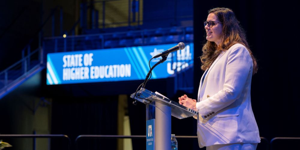 UTA President Jennifer Cowley addresses College Park Center crowd