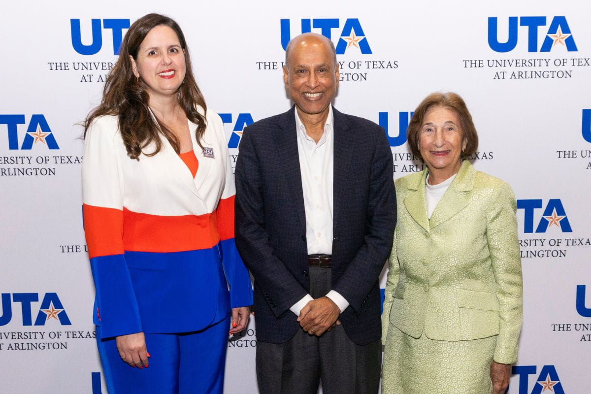 Photo of UTA President Jennifer Cowley, Raj Nooyi and Center for Innovation in Health Informatics Executive Director Marion Ball