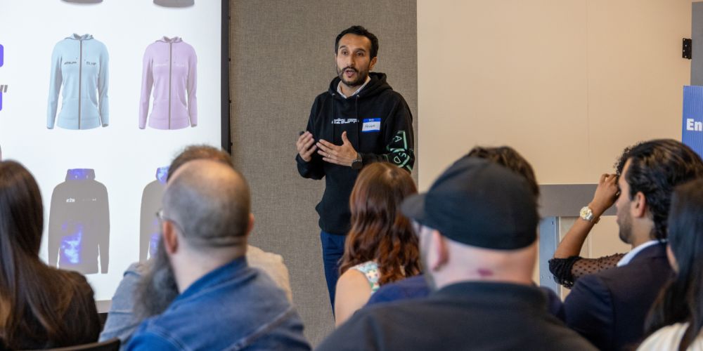 A business student pitches his idea during MavPitch