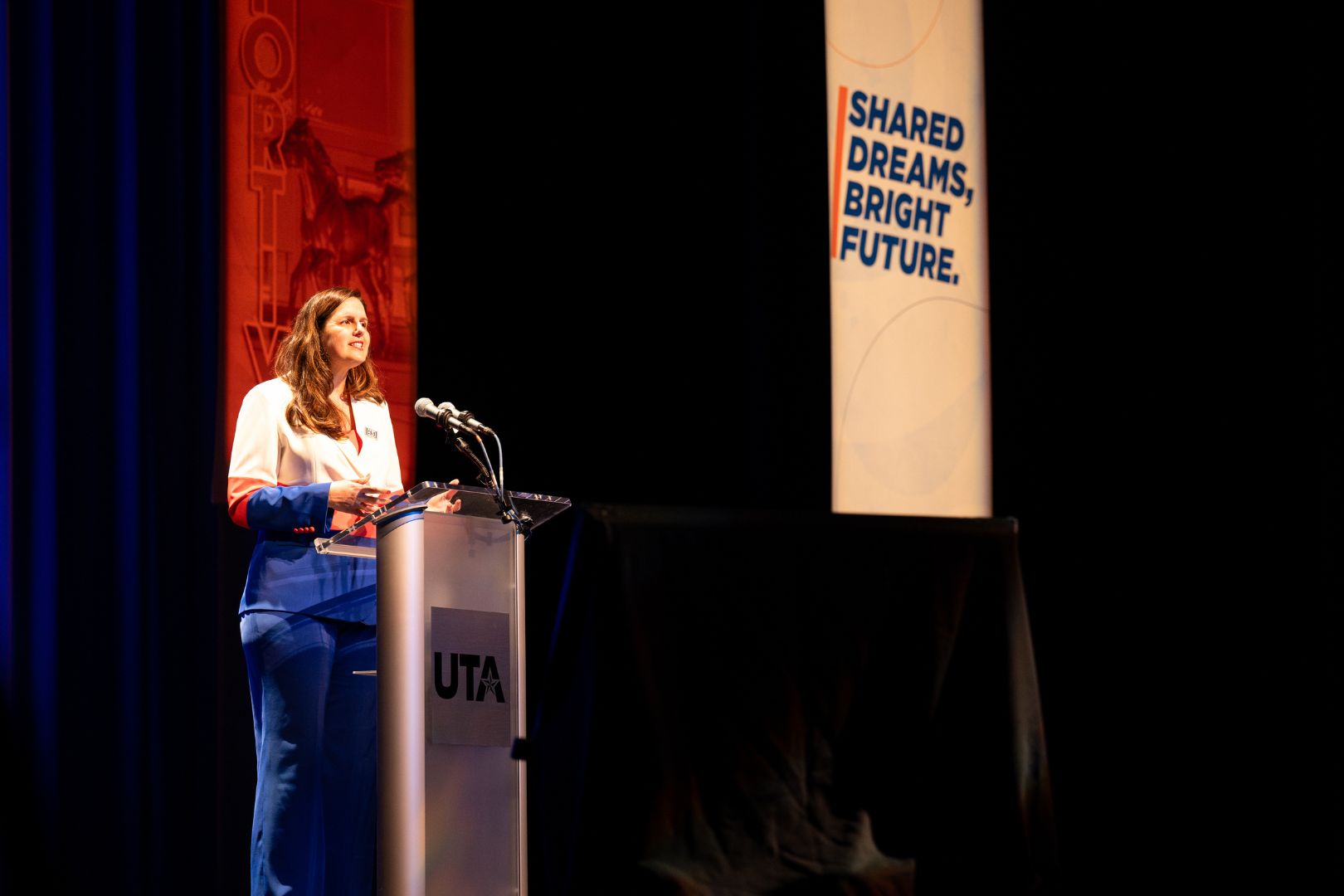 UTA President Jennifer Cowley addresses the UTA community during the State of University Address