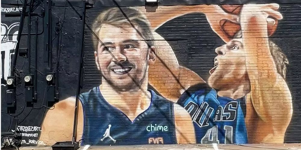 Mural of Luka Doncic and Dirk Nowitski by Juan Velazquez