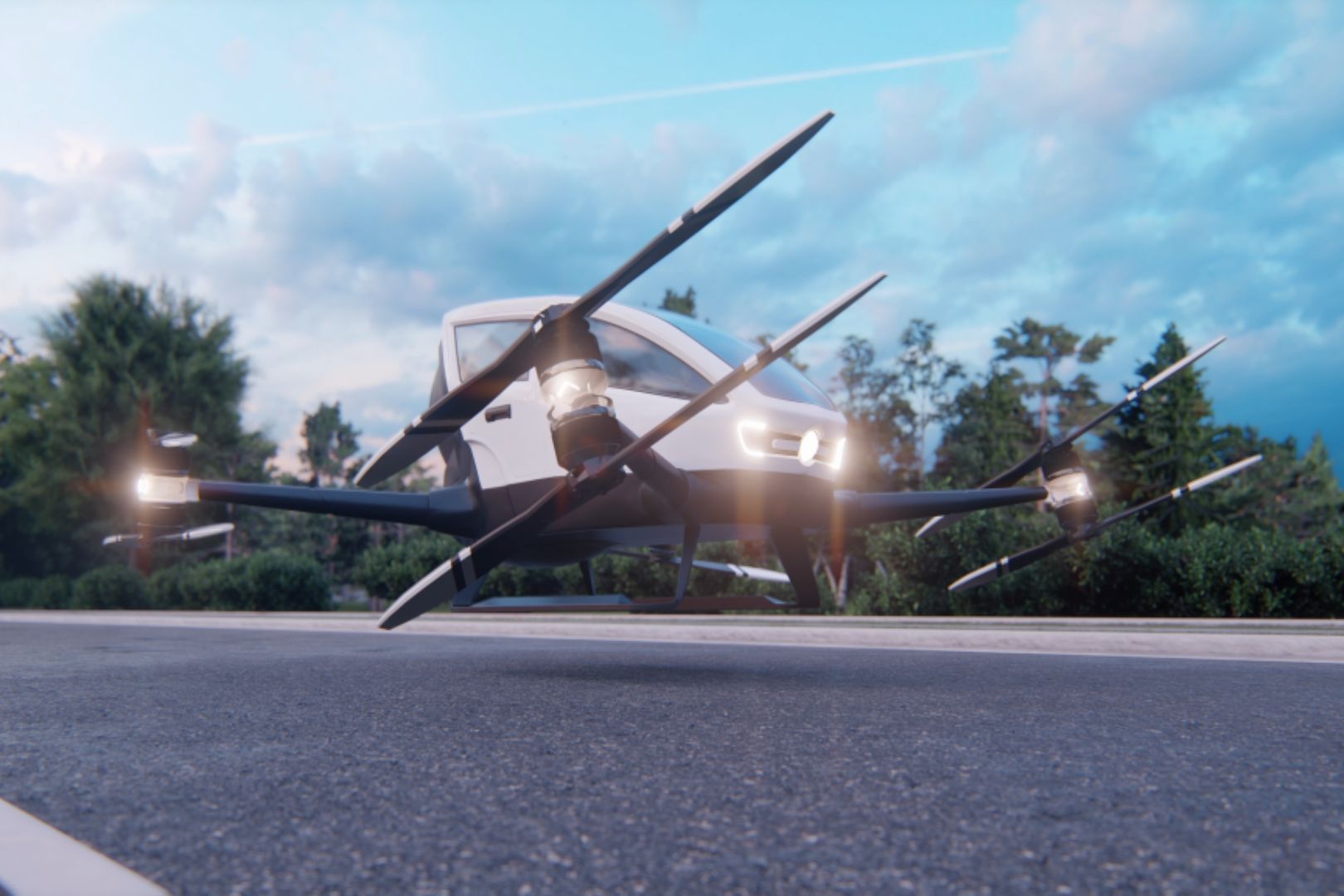 Image shows a rendering of a flying taxi landing 