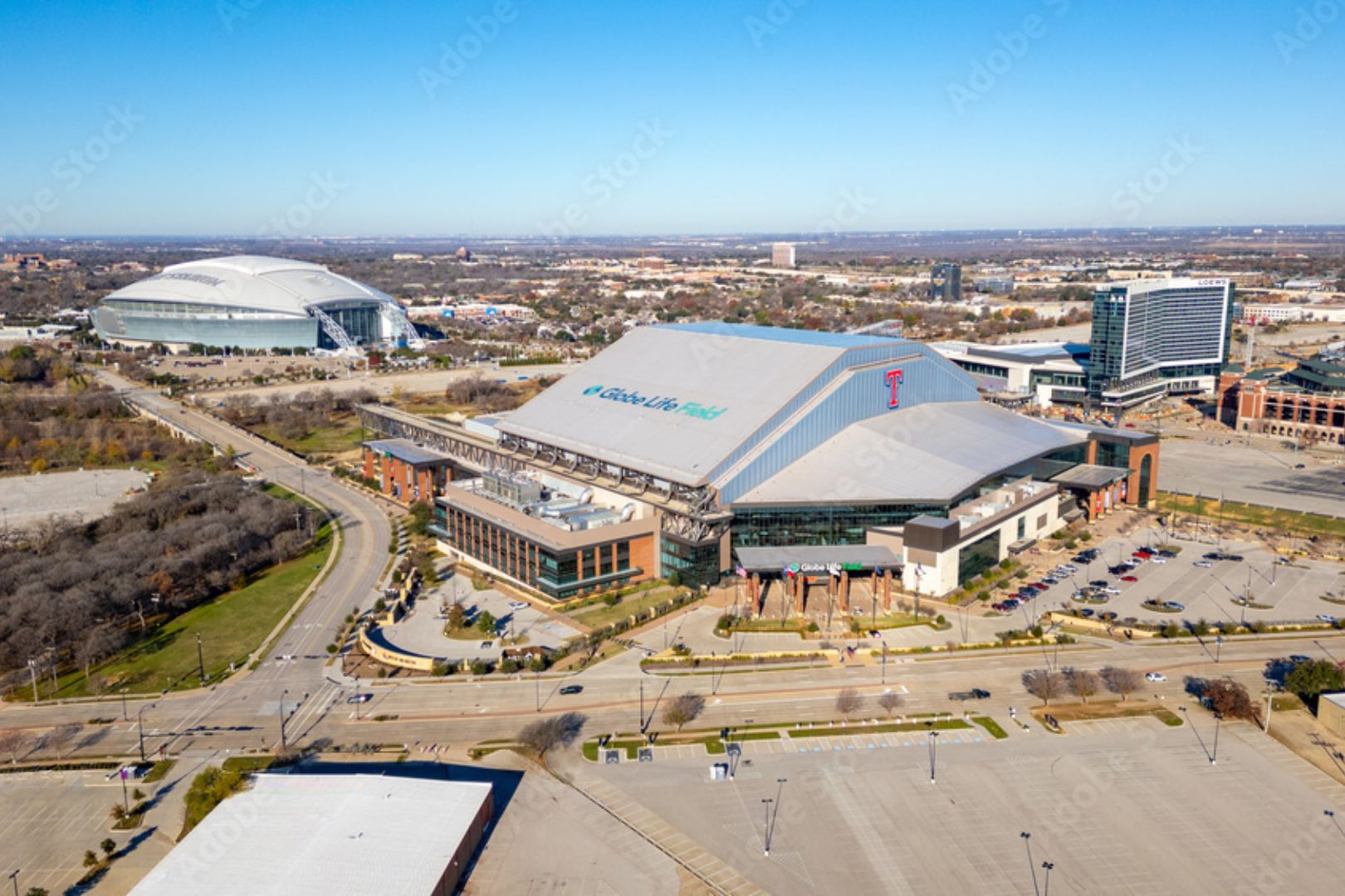 Image shows an aerial view of the Arlington Entertainment District 