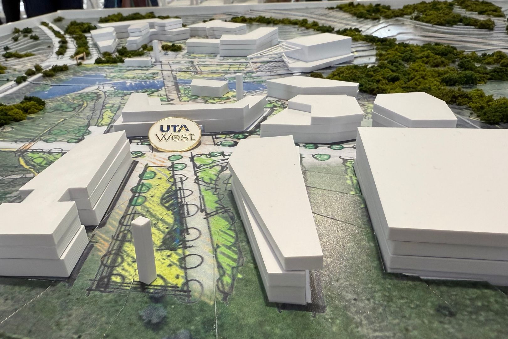 Image shows a model of the UTA West campus