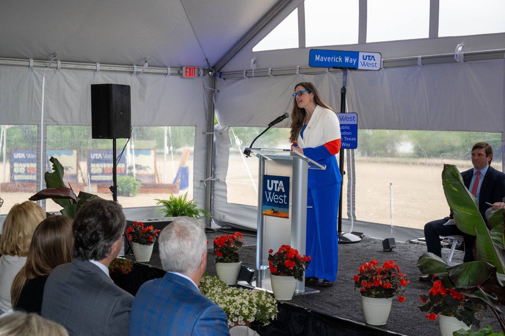 Image shows UTA President Jennifer Cowley give her speech during the UTA West groundbreaking ceremony