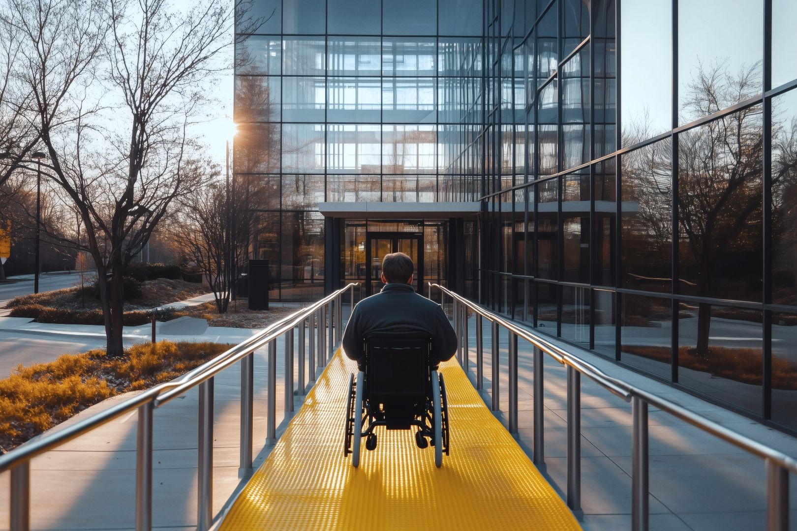 Image shows a person in a wheelchair heading inside a building 
