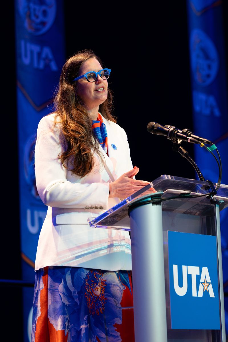 UTA President Jennifer Cowley speaks at the 2025 State of Higher Education luncheon