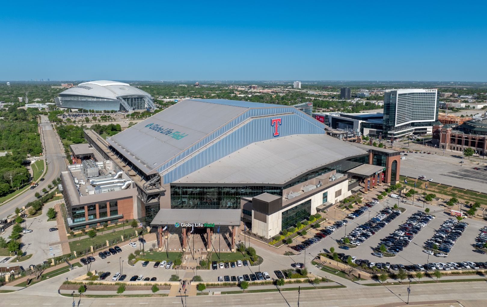 Drone shot of Globe Life Field and the Loewes Hotel