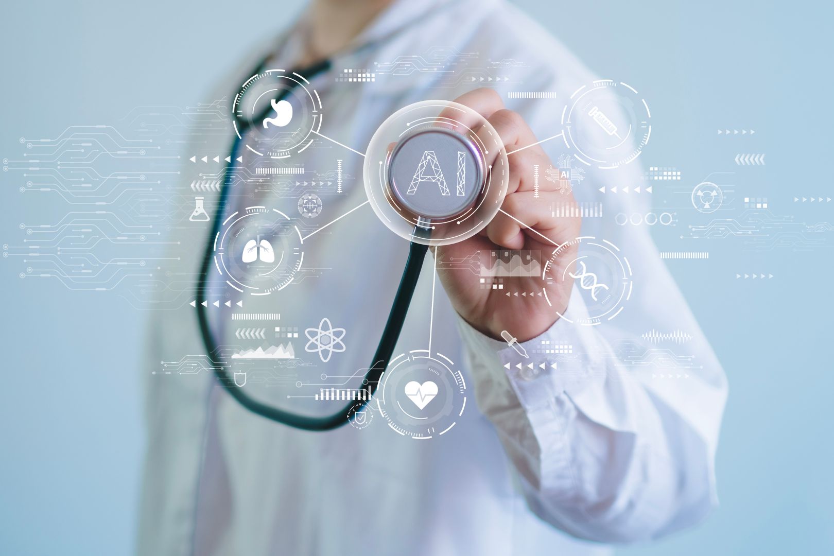 Stock image showing a doctor working with AI