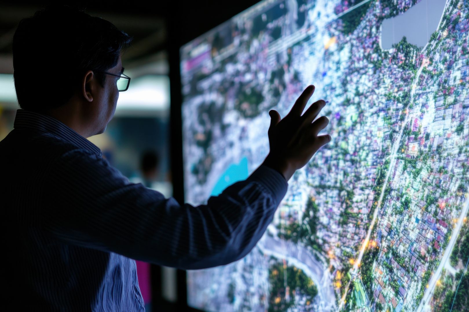 Image depicts a emergency management leader looking at a residential map