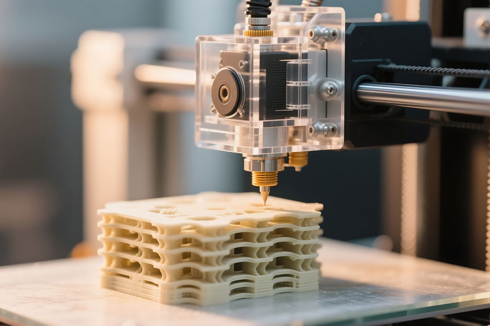 Adobe stock photo shows a 3D printer printing a composite material