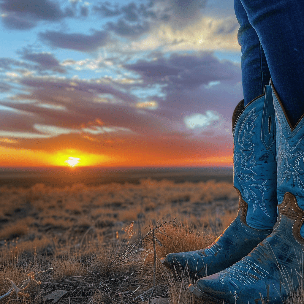 Blue cowboy boots in front of a sunset