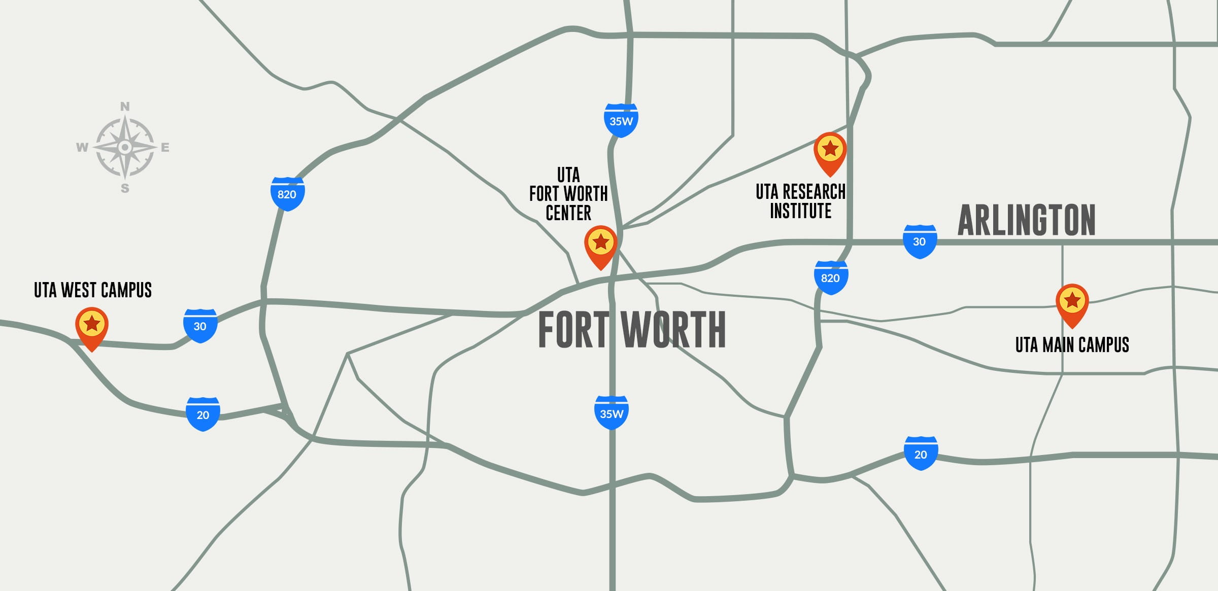A map showing all of U T A campuses in Fort Worth