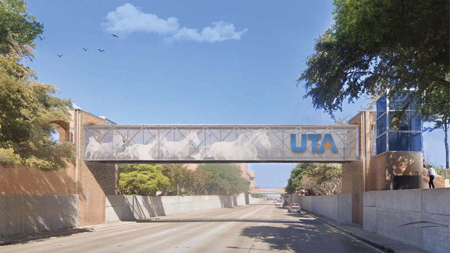 rendering of bridge over cooper street connecting uta campus