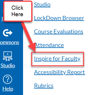 canvas screenshot that shows where to click to find Inspire for Faculty 