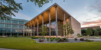An exterior shot of the SEIR building at sunrise.