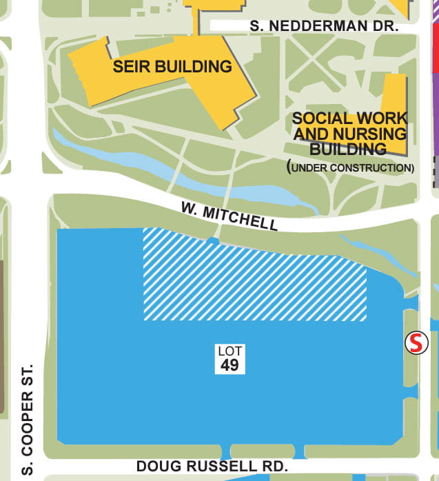 Map illustration of Lot 49 parking and SEIR building at UTA.