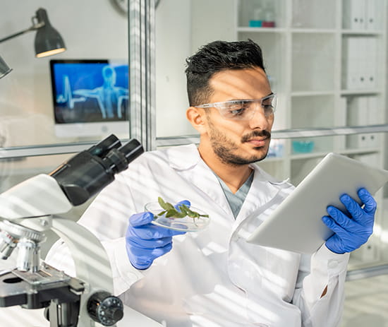 A scientist in a lab coat and safety gloves reviews a biological sample in a laboratory.