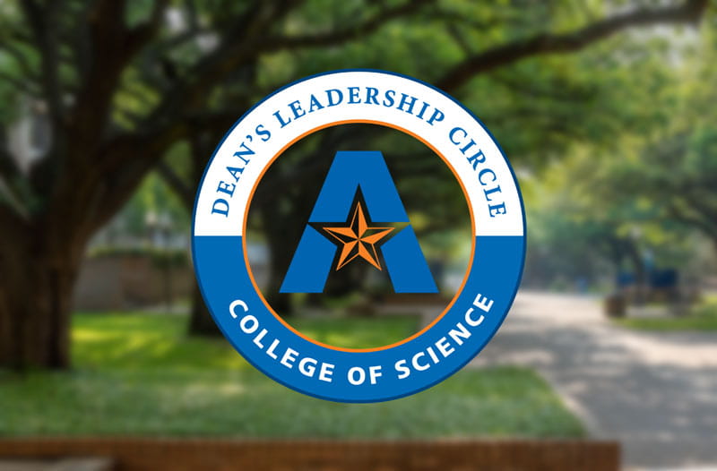 Dean's Leadership Circle Logo over a picture of blurred trees