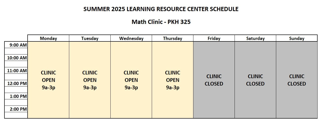 For Summer 2025, the Math Clinic is open Monday through Thursday from 9 a m to 3 p m. The clinic is closed Friday, Saturday, and Sunday.