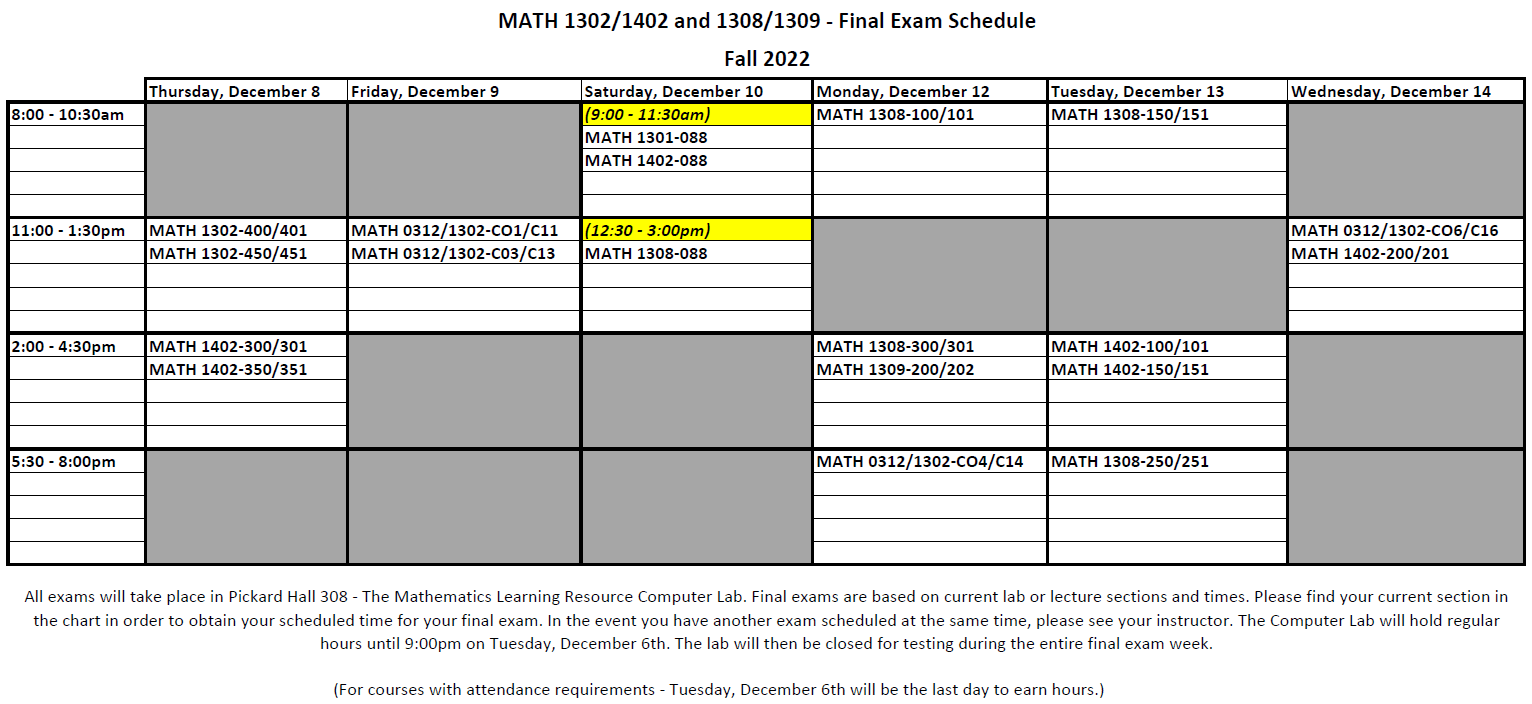 Fall 2022 Final Exam Schedule