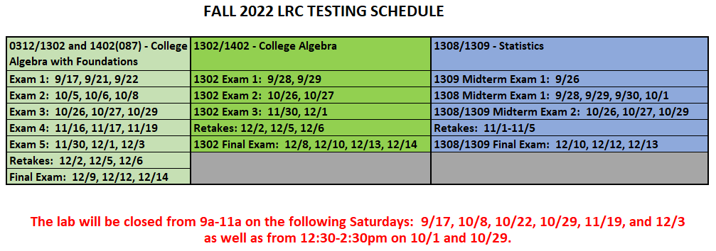 Fall 2022 LRC Testing Schedule