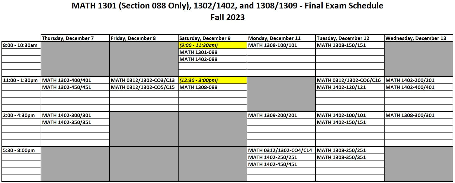 Test and Exam Schedule Department of Mathematics The University of