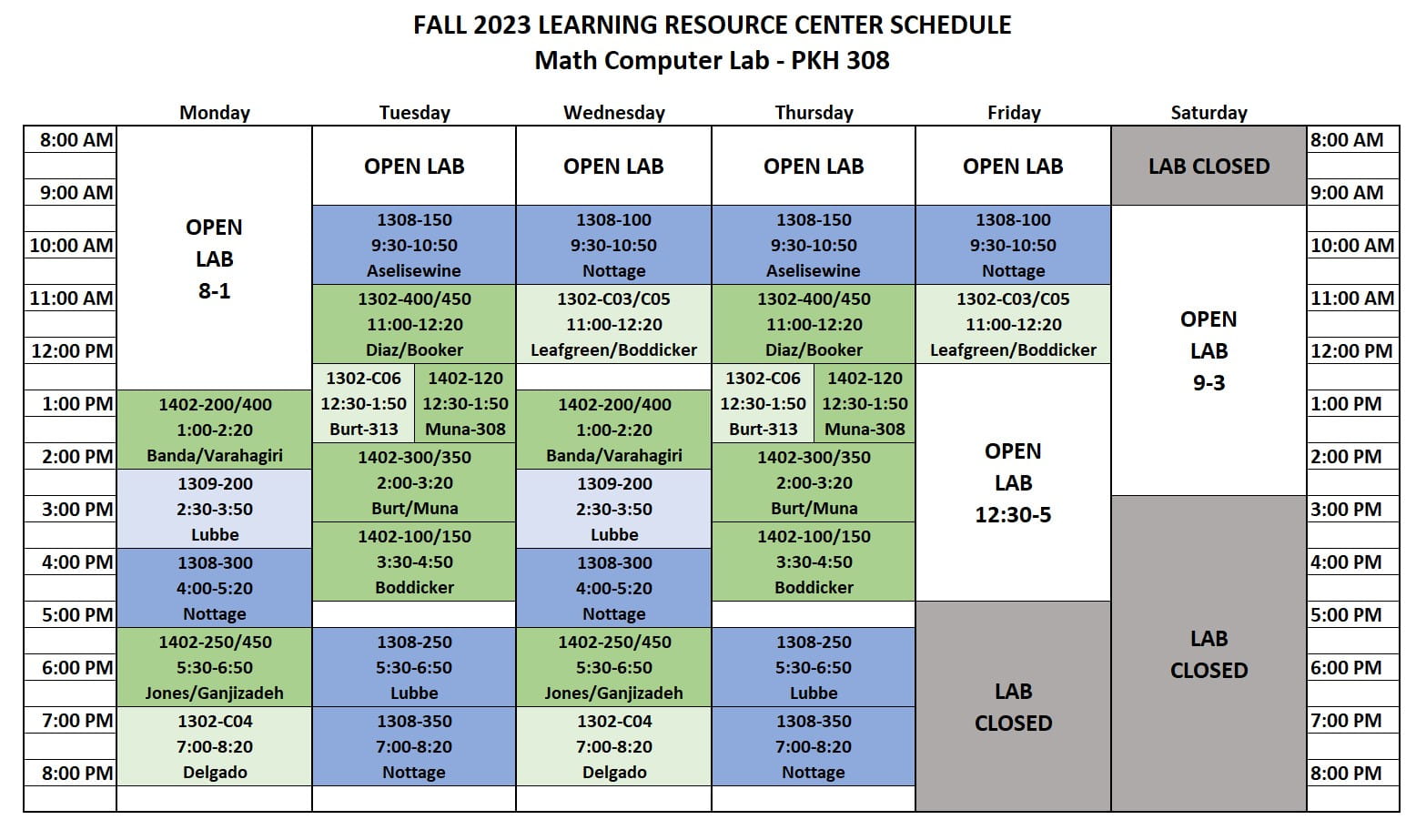 Table showing the schedule of class times and open lab times. Open lab times are Mondays from 8 a m to 1 p m, Tuesday through Friday from 8 a m to 9 30 a m, Friday from 12 30 p m to 5 p m, and Saturday from 9 a m to 1 p m.