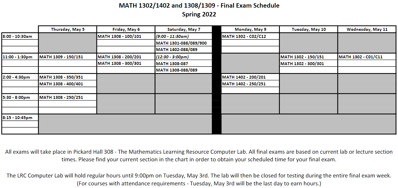 Ut Finals Schedule 2022 Test And Exam Schedule - Department Of Mathematics - The University Of Texas  At Arlington