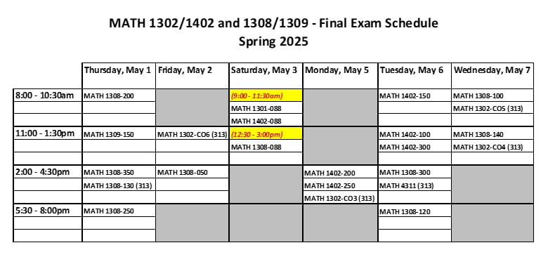 A grid showing final exam times for classes testing in P K H 3 0 8.
