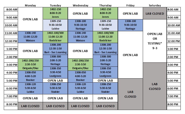 A grid showing class times and open lab times in P K H 3 0 8. The lab is open for studying and tutoring Mondays 8 a m to 11 a m, 12 30 p m to 2 30 pm, and 7 p m to 8 p m. Tuesdays and Thursdays 7 p m to 8 p m. Wednesdays 8 a m to 9 30 a m, 12 30 p m to 2 30 pm, and 7 p m to 8 p m. Fridays 8 a m to 9 30 a m and 11 a m to 5 p m. And Saturdays 9 a m to 3 p m. 