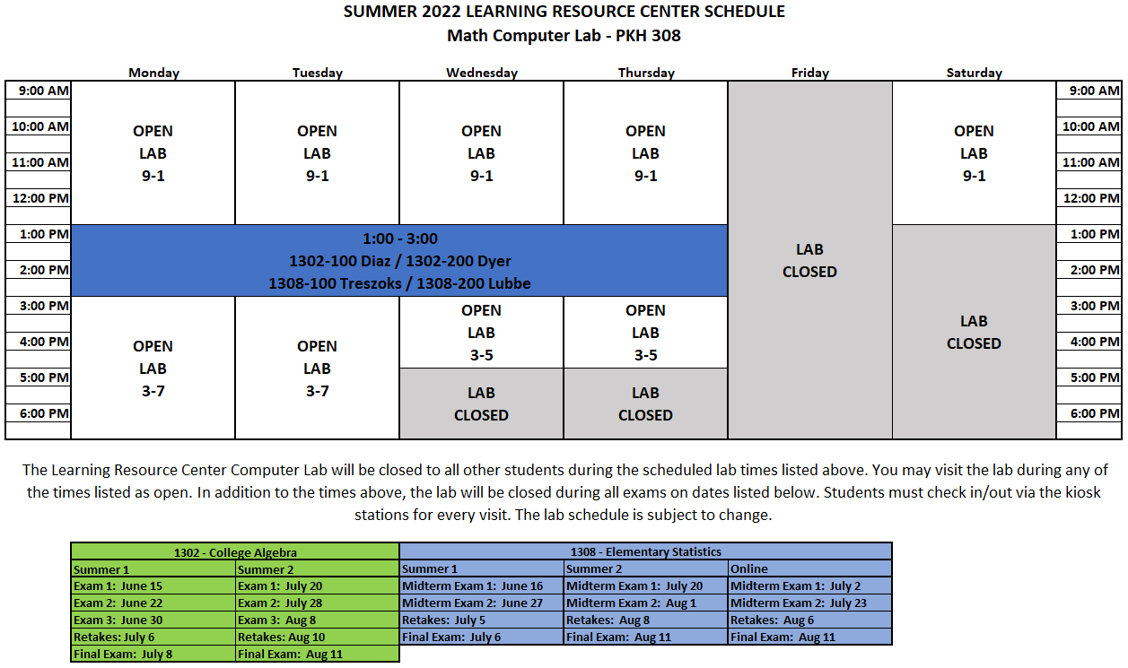 Summer 2022 Lab Schedule