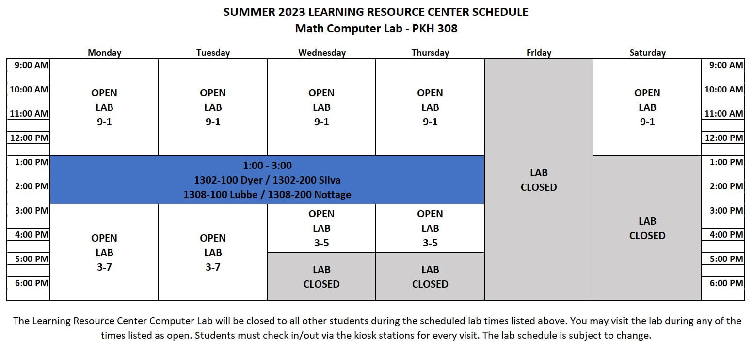 Weekly schedule showing lab hours