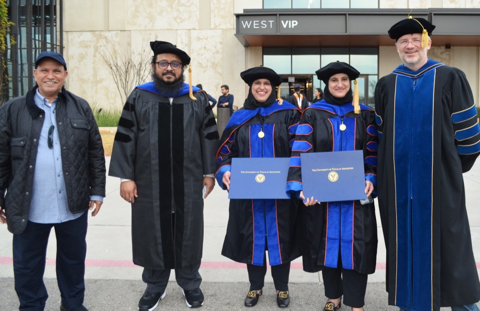 From left, Dawas Alkhaldi, Muhammad Huda, Noura Alkhaldi, Hanof Alkhaldi, and Peter Kroll at the Fall 2021 COS Commencement ceremony