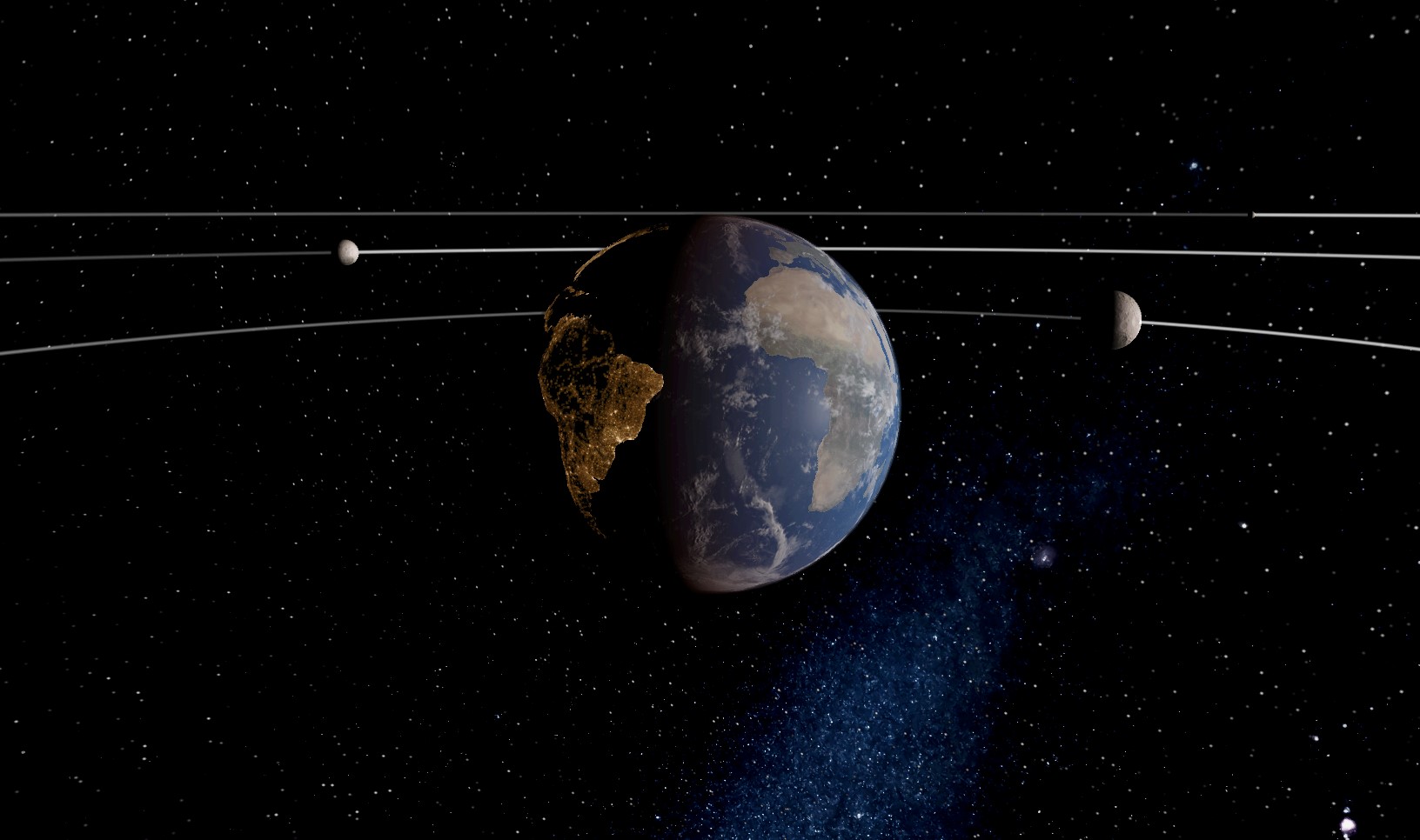 >Schematic of three Luna-mass moons orbiting the Earth. The size of the planet and moons is to scale, and the moons are confined between the stability boundaries. Illustration courtesy of Billy Quarles.