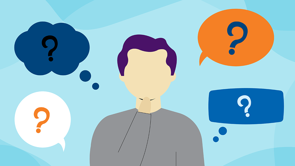 graphic of a person with speech bubbles filled with question marks